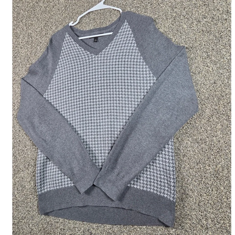 Banana Republic Sweater Men Large Gray Houndstooth V-Neck‎ Cotton Raglan 54023